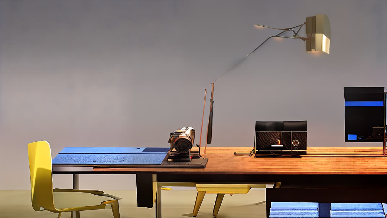  A split screen image: on the left, a realistic illustration of a wooden desk with a leather bound book, a vintage camera, and a metal lamp; on the right, a minimalist, blank, gray background. hyperrealistic, full body, detailed clothing, highly detailed, cinematic lighting, stunningly beautiful, intricate, sharp focus, f/1. 8, 85mm, (centered image composition), (professionally color graded), ((bright soft diffused light)), volumetric fog, trending on instagram, trending on tumblr, HDR 4K, 8K