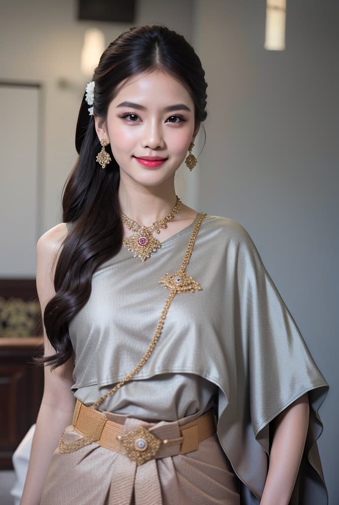  girl,smile,long hair, sabai,jewelry,thailand tradition dress ADVERTISING PHOTO,high quality, good proportion, masterpiece , The image is captured with an 8k camera