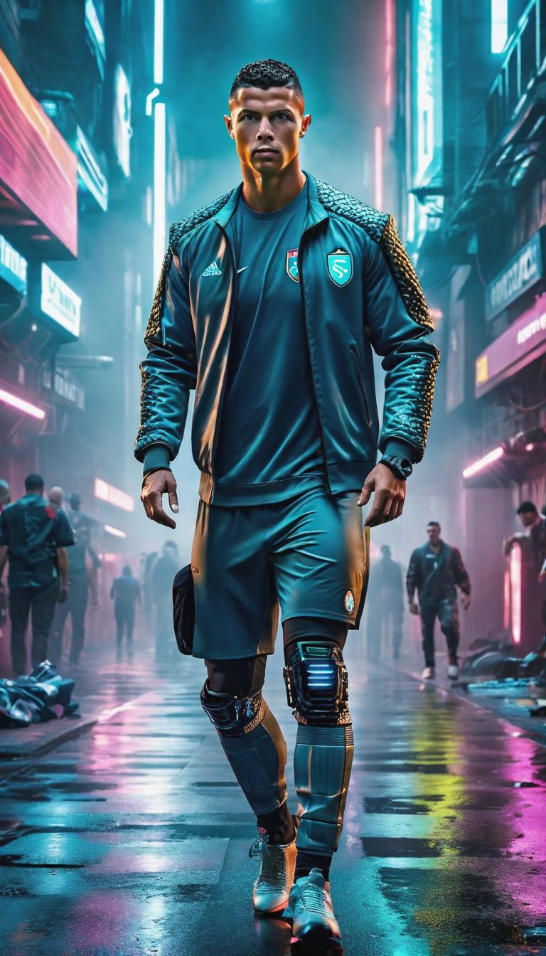  Cyberpunk style depiction of Ronaldo. The scene is set in a world where technology has advanced, but society and human conditions have not, creating a gritty, dystopian atmosphere. hyperrealistic, full body, detailed clothing, highly detailed, cinematic lighting, stunningly beautiful, intricate, sharp focus, f/1. 8, 85mm, (centered image composition), (professionally color graded), ((bright soft diffused light)), volumetric fog, trending on instagram, trending on tumblr, HDR 4K, 8K