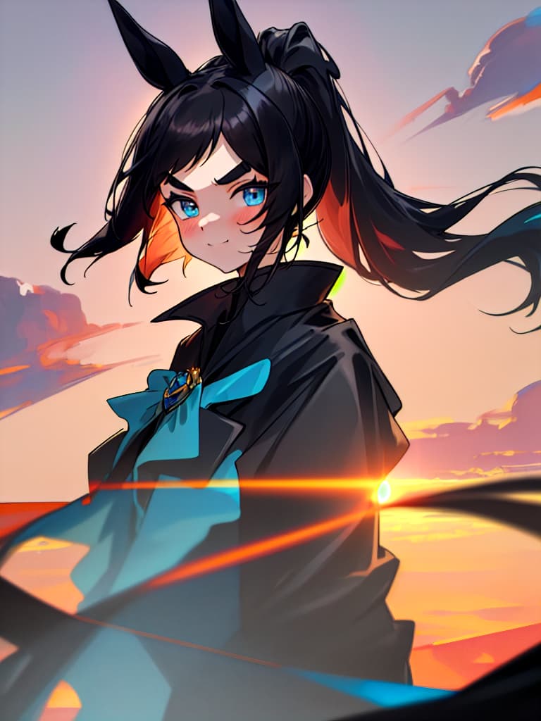  ((masterpiece)),((best quality)),sunset,1girl,black hair,ponytail,horse ears,blue eyes,v sharped eyebrows,giggling,black long coat over light blue blouse,looking at viewer,upper body, masterpiece, best quality,8k,ultra detailed,high resolution,an extremely delicate and beautiful,hyper detail