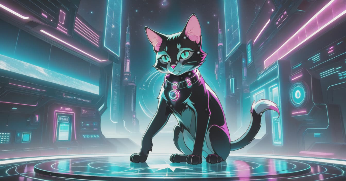  retro futuristic The image is themed cyberpunk, featuring a full grown cat, clear beautiful eyes, centered on the image, standing on two paws, in skates, dancing on ice, wearing a suit, the suit consists of a star and constellations, neon pink, mint, cherry, and blue, background consists of dark tones, styled like an animated film, the image is bright. . vintage sci fi, 50s and 60s style, atomic age, vibrant, highly detailed hyperrealistic, full body, detailed clothing, highly detailed, cinematic lighting, stunningly beautiful, intricate, sharp focus, f/1. 8, 85mm, (centered image composition), (professionally color graded), ((bright soft diffused light)), volumetric fog, trending on instagram, trending on tumblr, HDR 4K, 8K