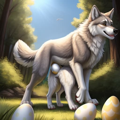  Wolf, feral dog, egg in ass, anal oviposition, view from behind,, open eyes, digital art, masterpiece, 4k, fine details,