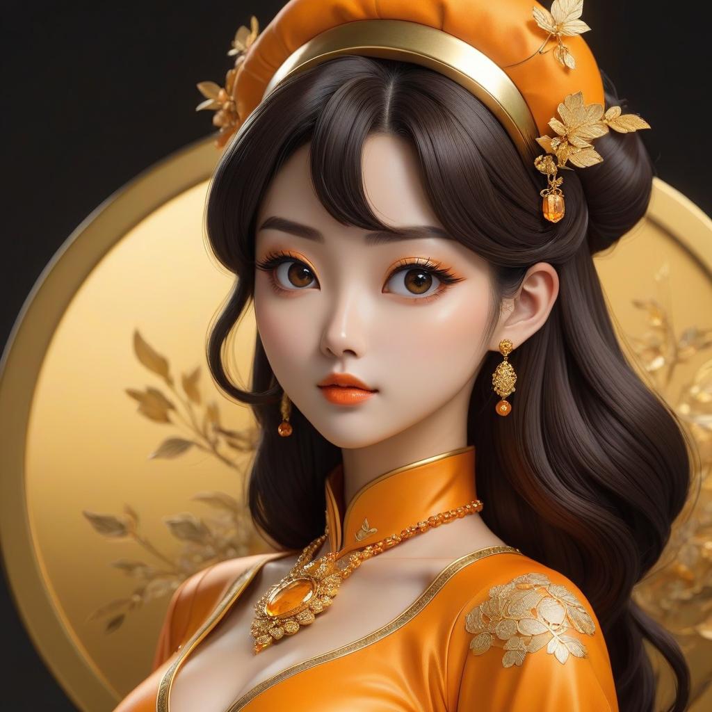  A cartoon girl in an orange costume with gold jewelry, in the style of miho hirano, light yellow and dark brown, close up, traditional costumes, childlike simplicity, comic art, tondo hyperrealistic, full body, detailed clothing, highly detailed, cinematic lighting, stunningly beautiful, intricate, sharp focus, f/1. 8, 85mm, (centered image composition), (professionally color graded), ((bright soft diffused light)), volumetric fog, trending on instagram, trending on tumblr, HDR 4K, 8K