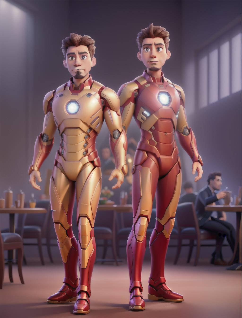  Generate an image showing Tony Stark and his Iron Man suit as distinct entities having a conversation at a café table. Tony should be depicted as a casually dressed man, while the Iron Man suit stands or hovers nearby, both engaged in lively conversation. Ensure that their individual characteristics are clearly differentiated, with Tony exhibiting human gestures and expressions, and the Iron Man suit displaying its technological features and body language. The overall style should blend cartoon elements with realistic details to create a visually appealing and coherent scene hyperrealistic, full body, detailed clothing, highly detailed, cinematic lighting, stunningly beautiful, intricate, sharp focus, f/1. 8, 85mm, (centered image composition), (professionally color graded), ((bright soft diffused light)), volumetric fog, trending on instagram, trending on tumblr, HDR 4K, 8K