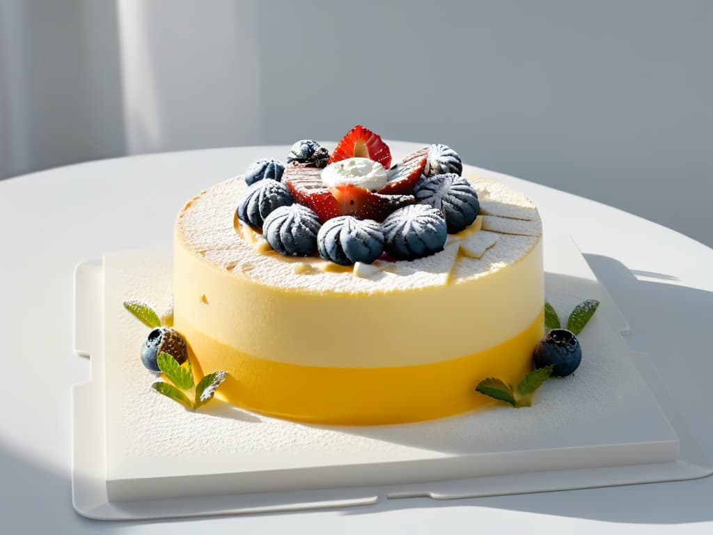  A minimalist image of a beautifully arranged dessert display in a sleek, modern bakery setting. The desserts are elegantly presented on white plates with intricate garnishes, showcasing a variety of colors and textures that are visually appealing. The background is simple and clean, focusing all attention on the exquisite desserts that are artfully arranged to create a stunning visual impact. hyperrealistic, full body, detailed clothing, highly detailed, cinematic lighting, stunningly beautiful, intricate, sharp focus, f/1. 8, 85mm, (centered image composition), (professionally color graded), ((bright soft diffused light)), volumetric fog, trending on instagram, trending on tumblr, HDR 4K, 8K