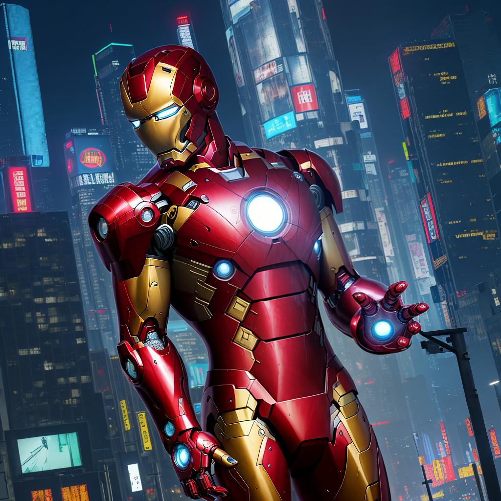  masterpiece, best quality, Best quality, masterpiece, 8k resolution, realistic, highly detailed, close up of Iron Man. In a cyberpunk-style night scene of the city, he stands on a street lined with tall buildings. The city's night lights are bright, The surrounding buildings and streets are filled with cyberpunk elements such as neon lights, high-tech devices, and futuristic architectural designs.