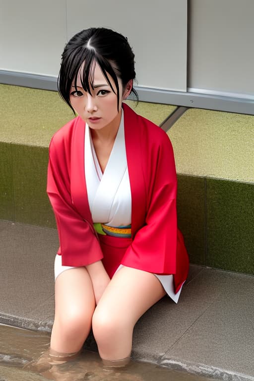  Soaking wet, wet, red-faced Japanese blonde Kimono woman