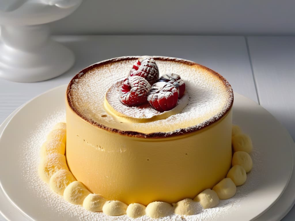  A closeup, ultradetailed image of a perfectly goldenbrown soufflé rising elegantly in a ramekin, with delicate wisps of steam gently curling upwards, highlighting the intricate texture and craftsmanship of the dessert. The soufflé is flawlessly garnished with a dusting of powdered sugar, a sprinkle of fresh raspberries, and a single mint leaf for a pop of color, all set against a simple, pristine white backdrop that enhances the minimalist aesthetic of the composition. hyperrealistic, full body, detailed clothing, highly detailed, cinematic lighting, stunningly beautiful, intricate, sharp focus, f/1. 8, 85mm, (centered image composition), (professionally color graded), ((bright soft diffused light)), volumetric fog, trending on instagram, trending on tumblr, HDR 4K, 8K