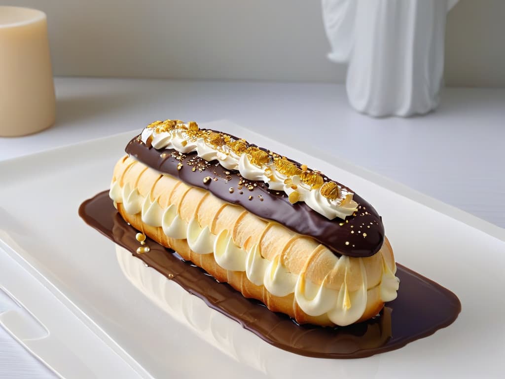  A closeup, ultradetailed image of a perfectly crafted éclair with a glossy chocolate glaze, delicate piped cream filling, and a sprinkling of gold flakes on top. The éclair is placed on a sleek, modern white plate with subtle soft lighting highlighting its exquisite details, showcasing the precision and artistry of the pastry. hyperrealistic, full body, detailed clothing, highly detailed, cinematic lighting, stunningly beautiful, intricate, sharp focus, f/1. 8, 85mm, (centered image composition), (professionally color graded), ((bright soft diffused light)), volumetric fog, trending on instagram, trending on tumblr, HDR 4K, 8K