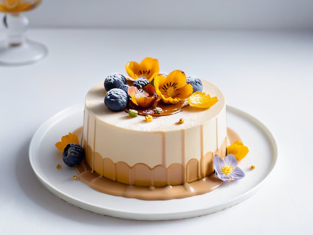  A highresolution, minimalist image showcasing a stunning dessert presentation with intricate details like delicate edible flowers, a glossy caramel drizzle, and a dusting of gold flakes on a pristine white plate. The dessert itself is a multilayered creation with a perfect balance of sweet and savory elements, exemplifying the incorporation of umami flavor in a visually appealing way. The lighting is soft, highlighting the textures and colors of the dessert while creating a sophisticated and elegant atmosphere. hyperrealistic, full body, detailed clothing, highly detailed, cinematic lighting, stunningly beautiful, intricate, sharp focus, f/1. 8, 85mm, (centered image composition), (professionally color graded), ((bright soft diffused light)), volumetric fog, trending on instagram, trending on tumblr, HDR 4K, 8K