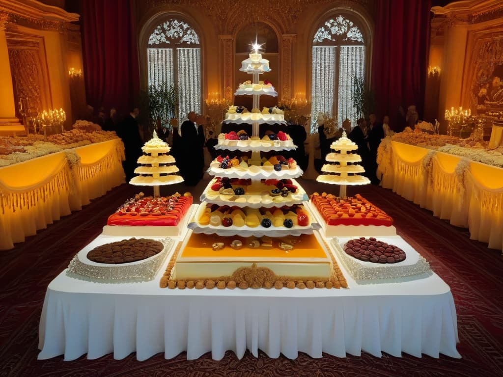  A photorealistic depiction of a grand Renaissance banquet table laden with elaborate desserts intricately designed in the style of the era. The table is covered with an array of decadent treats such as intricately decorated cakes, sugared fruits, marzipan sculptures, and delicate pastries, all set against a backdrop of rich tapestries and ornate silverware. The warm candlelight casts a soft glow over the scene, highlighting the exquisite details of the desserts and creating a sumptuous and inviting atmosphere. hyperrealistic, full body, detailed clothing, highly detailed, cinematic lighting, stunningly beautiful, intricate, sharp focus, f/1. 8, 85mm, (centered image composition), (professionally color graded), ((bright soft diffused light)), volumetric fog, trending on instagram, trending on tumblr, HDR 4K, 8K