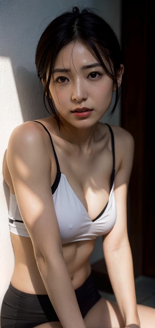  Best quality, masterpiece, ultra high res, (photorealistic:1.4), raw photo, (detail face:1.3), (realistic skin), deep shadow, dramatic lighting, short hair, high nose, almond eyes, slightly busty, wide hips, black hair, seems straightforward, Iwanami Shiori, Natsukawa, deep shadow, dramatic lighting, portrait, portrait size, unedited, symmetrical balance