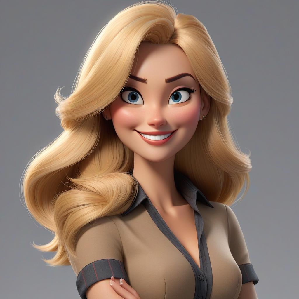  professional 3d model Draw a woman in the Pixar style: she is very kind. She has a wide smile. She is a blonde. Her hair is straight and long. She is plump. . octane render, highly detailed, volumetric, dramatic lighting hyperrealistic, full body, detailed clothing, highly detailed, cinematic lighting, stunningly beautiful, intricate, sharp focus, f/1. 8, 85mm, (centered image composition), (professionally color graded), ((bright soft diffused light)), volumetric fog, trending on instagram, trending on tumblr, HDR 4K, 8K