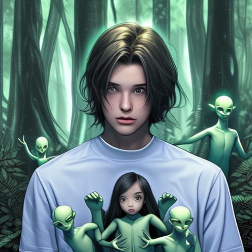  A boy named Christian with 4 aliens in a forest