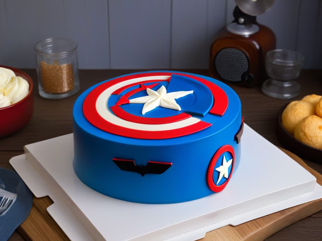  An ultradetailed image of a sleek, modern kitchen countertop adorned with a set of highquality bakeware featuring iconic Marvel superhero designs. The utensils gleam under soft, ambient lighting, showcasing intricate engravings of Captain America's shield, Iron Man's helmet, and SpiderMan's web pattern. The minimalist composition highlights the vibrant colors and sharp lines of the bakeware, exuding a sense of sophistication and creativity, perfectly embodying the fusion of superhero inspiration and professional baking tools. hyperrealistic, full body, detailed clothing, highly detailed, cinematic lighting, stunningly beautiful, intricate, sharp focus, f/1. 8, 85mm, (centered image composition), (professionally color graded), ((bright soft diffused light)), volumetric fog, trending on instagram, trending on tumblr, HDR 4K, 8K