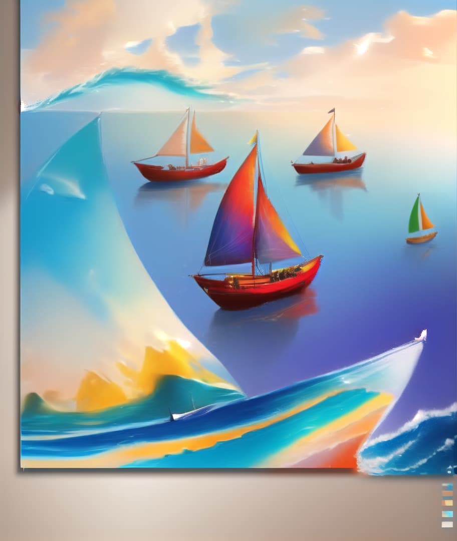  an abstract painting of, a sailboat compilation between four floating sailboats, a wave of a blue sea water, with a beautiful landscape, very colorfully presented, a face of an African woman wearing earrings, , hyperrealistic, high quality, highly detailed, cinematic lighting, intricate, sharp focus, f/1. 8, 85mm, (centered image composition), (professionally color graded), ((bright soft diffused light)), volumetric fog, trending on instagram, HDR 4K, 8K