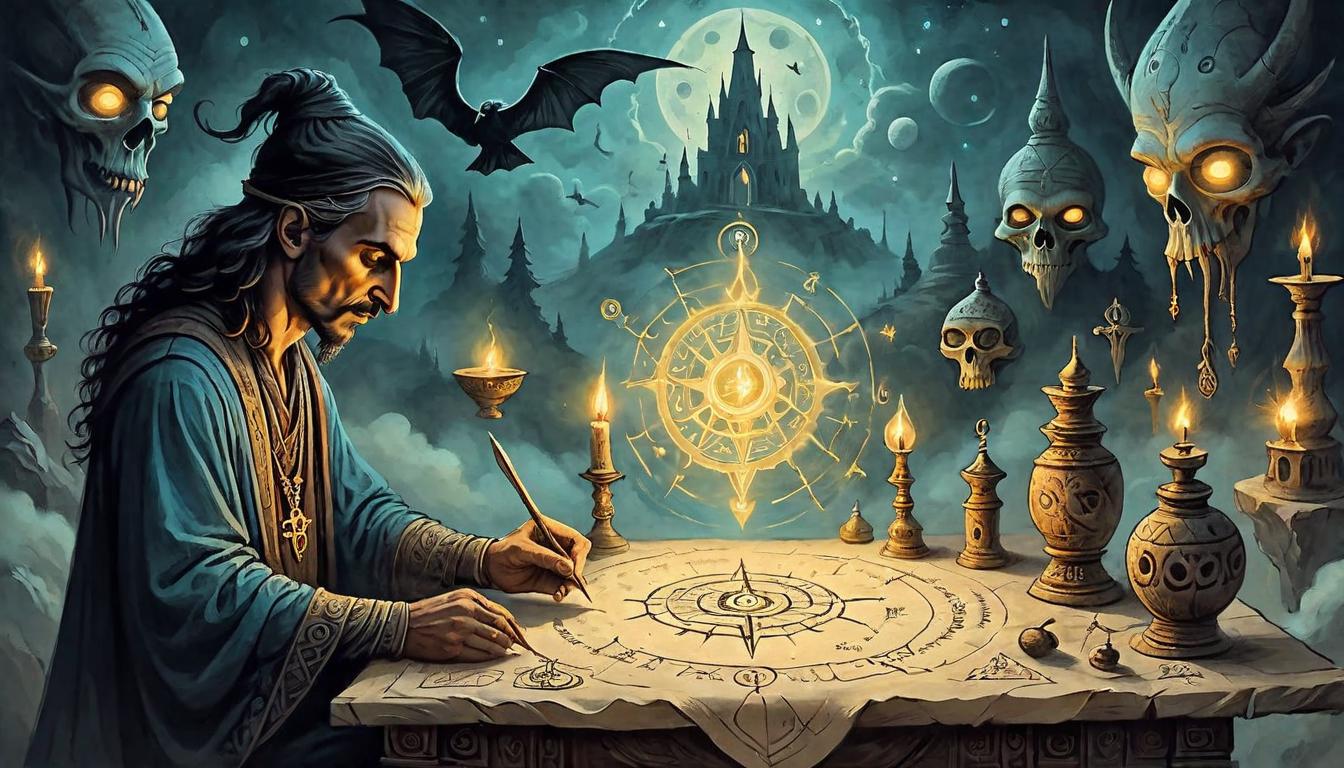  on parchment, surrealism+++, Mystic performing a ritual with small objects, glowing symbols and energy flows, detailed surroundings, focused eyes, precise and deliberate movements, sacred atmosphere(mysterious, provocative, symbolic,muted color)+++