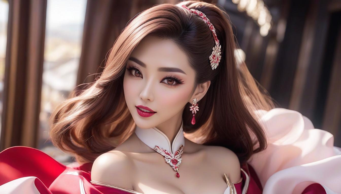  (best quality: 1.3, masterpiece:1.3), ultra high definition, (1 , solo), atmospheric perspective, detailed face, upper body, makeup, pink lips, parted lips, teeth, shiny skin, (brown hair), very long hair, looking at the viewer, red eyes, earrings, small s, slim body, (white silk chipao), (((East Asian architecture, riverbank, beautiful background))), perfect lighting, (front lighting), physical rendering based, (Masterpiece:1.3), (best quality:1.3), <lora:add detail:0.4>, <lora:epi noiseoffset2:0.4>, <lora:hairdetailer:0.6>, <lora:more details:0.3>, <lora:add detail xl:1.2>, <lora:DetailedEyes V3:1.2>, <lora:offset 0.2:1.2> hyperrealistic, full body, detailed clothing, highly detailed, cinematic lighting, stunningly beautiful, intricate, sharp focus, f/1. 8, 85mm, (centered image composition), (professionally color graded), ((bright soft diffused light)), volumetric fog, trending on instagram, trending on tumblr, HDR 4K, 8K