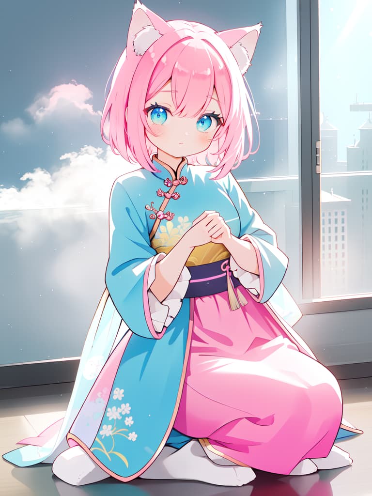  Cat ears, pink hair, china clothing, eye color blue, alone, bob hair, cute, face up, masterpiece, best quality,8k,ultra detailed,high resolution,an extremely delicate and beautiful,hyper detail hyperrealistic, full body, detailed clothing, highly detailed, cinematic lighting, stunningly beautiful, intricate, sharp focus, f/1. 8, 85mm, (centered image composition), (professionally color graded), ((bright soft diffused light)), volumetric fog, trending on instagram, trending on tumblr, HDR 4K, 8K