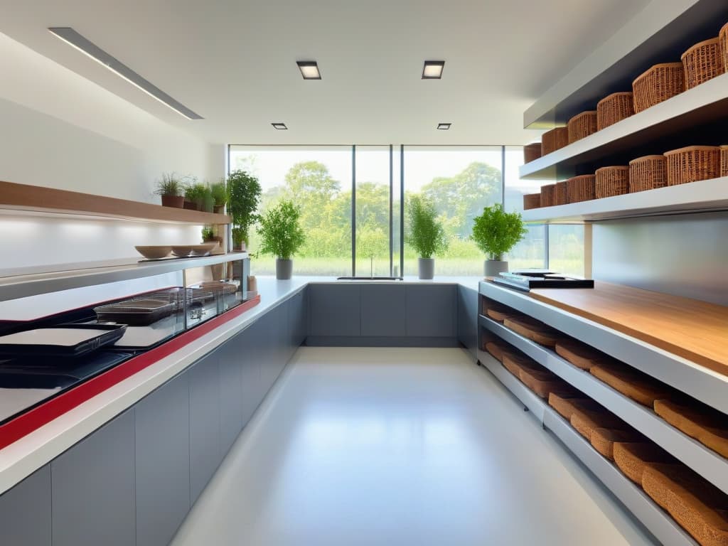  An ultradetailed image of a sleek, modern bakery kitchen with energyefficient appliances, recycling bins for compost and waste separation, and a large window allowing natural light to illuminate the space. The countertops are made of recycled materials, and there are potted plants hanging from the ceiling, adding a touch of greenery to the ecofriendly kitchen. hyperrealistic, full body, detailed clothing, highly detailed, cinematic lighting, stunningly beautiful, intricate, sharp focus, f/1. 8, 85mm, (centered image composition), (professionally color graded), ((bright soft diffused light)), volumetric fog, trending on instagram, trending on tumblr, HDR 4K, 8K