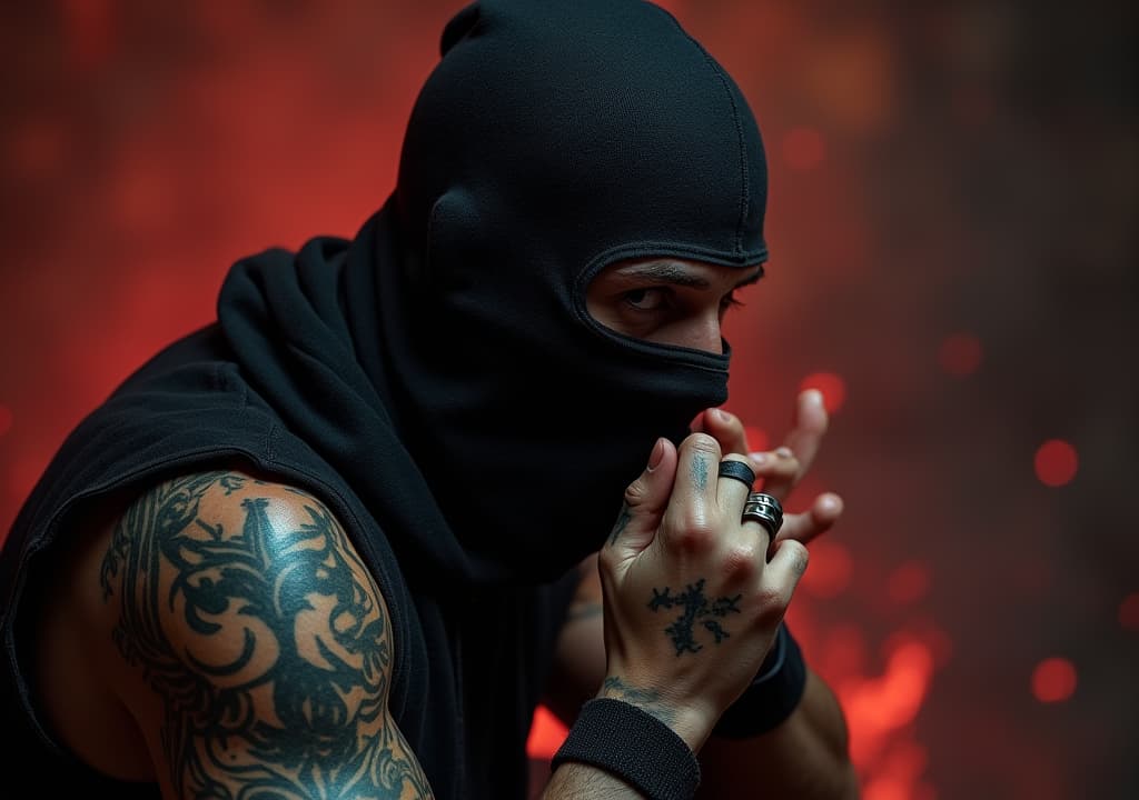  good quality, high quality, a demon gangster with a balaclava and with tattoes, with plain hellish background