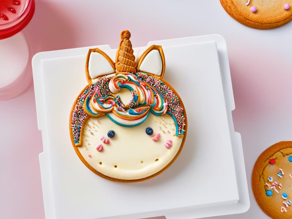  An ultradetailed, minimalist illustration of a whimsical unicornshaped cookie cutter surrounded by an array of colorful sprinkle toppings, displayed on a clean white background. The cookie cutter is intricately designed with delicate etchings and a sleek finish, capturing the essence of magical baking with licensed unicornthemed products. hyperrealistic, full body, detailed clothing, highly detailed, cinematic lighting, stunningly beautiful, intricate, sharp focus, f/1. 8, 85mm, (centered image composition), (professionally color graded), ((bright soft diffused light)), volumetric fog, trending on instagram, trending on tumblr, HDR 4K, 8K