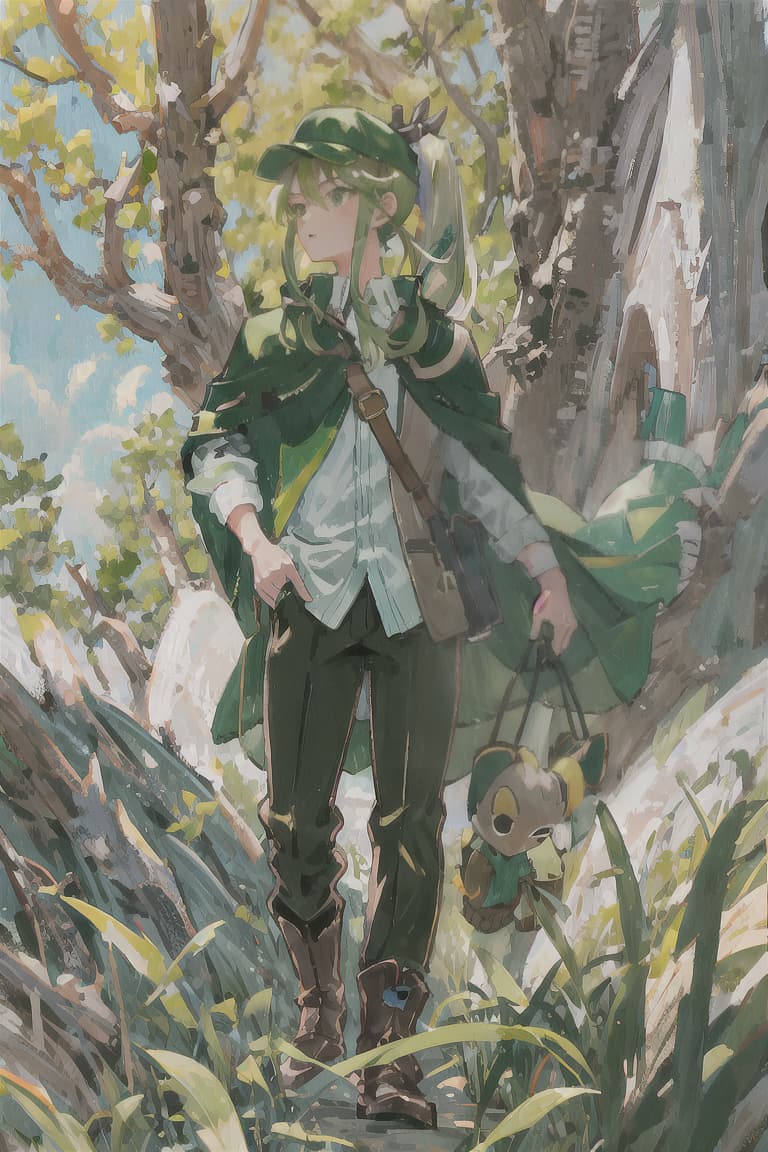  master piece , best quality,Green hair, ponytail, brown hat, hunter, bowman, olive cape