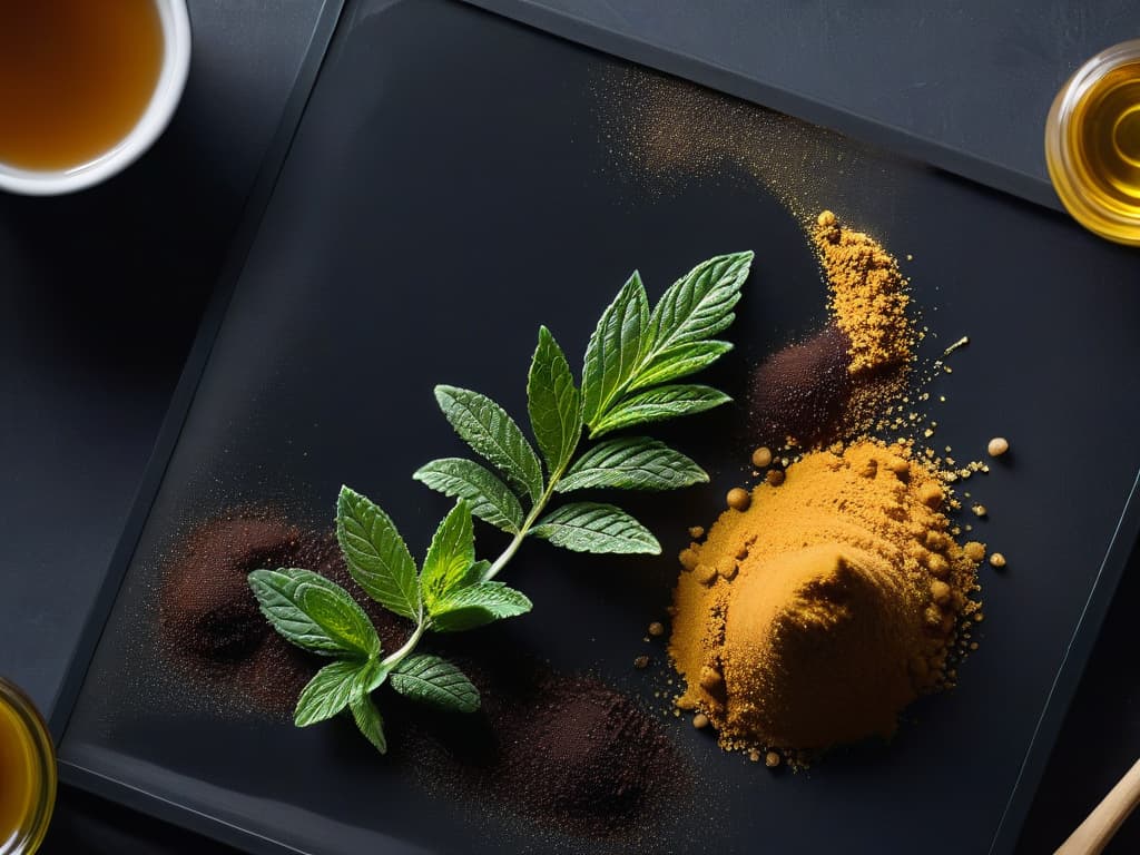  A minimalist, ultradetailed image of a variety of natural sweeteners like honey, maple syrup, stevia leaves, and coconut sugar neatly arranged on a sleek, matte black surface. Each sweetener is presented in its pure form, showcasing their unique textures and colors in exquisite detail under soft, natural lighting. The composition is visually striking yet clean and uncluttered, perfectly encapsulating the essence of incorporating healthy sweeteners into delicious dessert recipes. hyperrealistic, full body, detailed clothing, highly detailed, cinematic lighting, stunningly beautiful, intricate, sharp focus, f/1. 8, 85mm, (centered image composition), (professionally color graded), ((bright soft diffused light)), volumetric fog, trending on instagram, trending on tumblr, HDR 4K, 8K