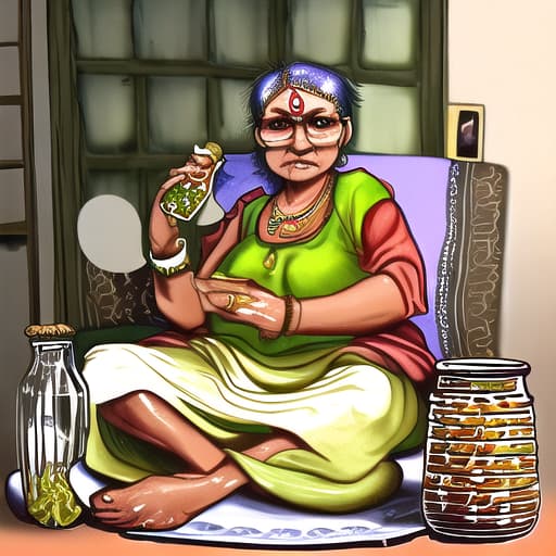  a old Indian grandmother with age of 60 sitting with a jar of pickle for advertisement