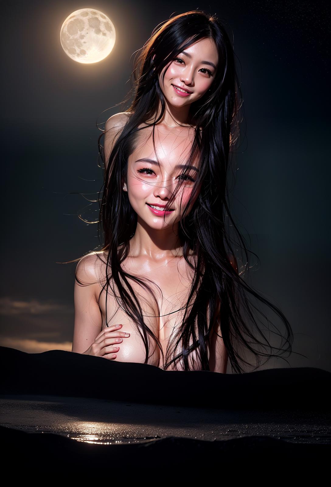  Wilderness, moonlight, a smile smile, (Masterpiece, BestQuality:1.3), (ultra detailed:1.2), (hyperrealistic:1.3), (RAW photo:1.2),High detail RAW color photo, professional photograph, (Photorealistic:1.4), (realistic:1.4), ,professional lighting, (japanese), beautiful face, (realistic face)