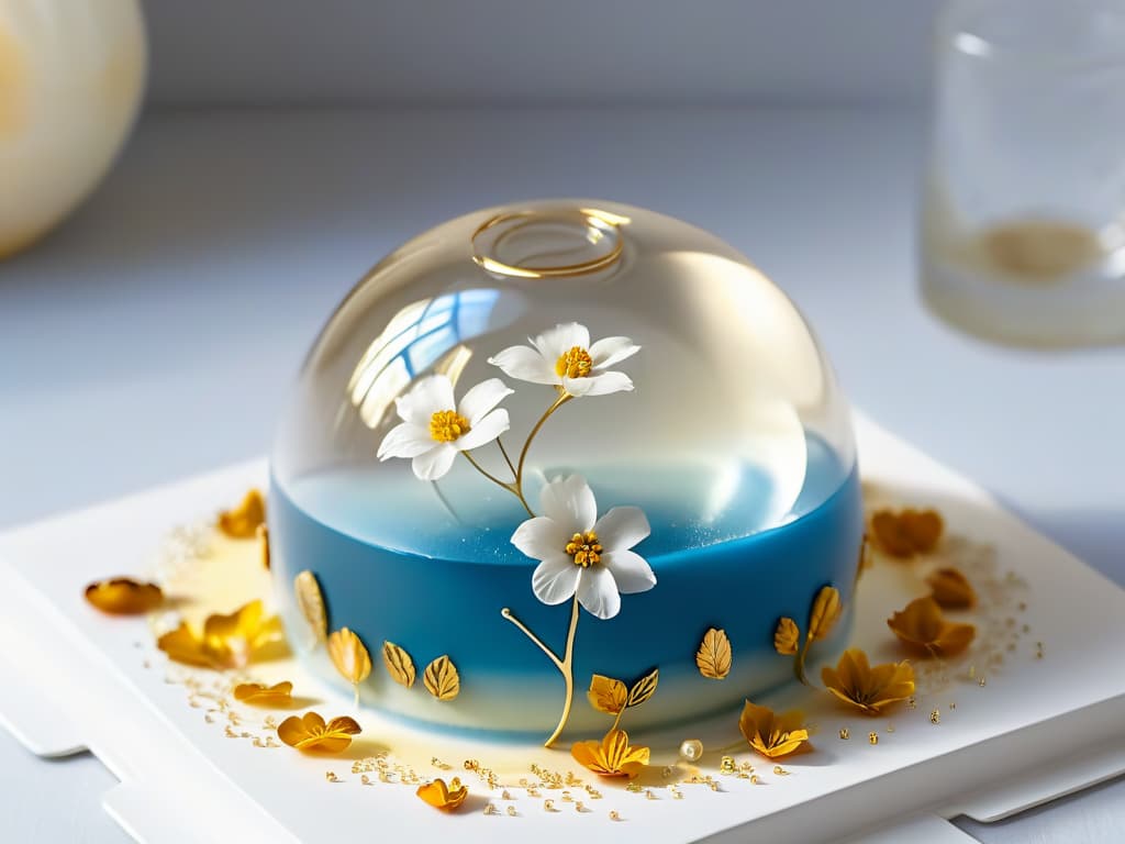  A closeup, ultradetailed image of a perfectly spherical, transparent sugar dome encapsulating a delicate microflower made of edible petals and gold leaf, resting on a pristine white plate. The intricate details of the flower's petals and the shimmering gold leaf catch the light, creating a mesmerizing play of shadows and reflections. The background is a soft, blurred gradient that enhances the minimalist aesthetic of the composition, emphasizing the precision and artistry of molecular pastry techniques. hyperrealistic, full body, detailed clothing, highly detailed, cinematic lighting, stunningly beautiful, intricate, sharp focus, f/1. 8, 85mm, (centered image composition), (professionally color graded), ((bright soft diffused light)), volumetric fog, trending on instagram, trending on tumblr, HDR 4K, 8K