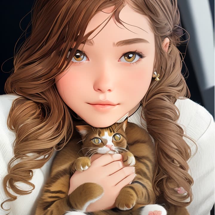  AI. I want you to create a picture of this girl holding a sweet kitty cat that is all white with only four legs in front of her with both hands.