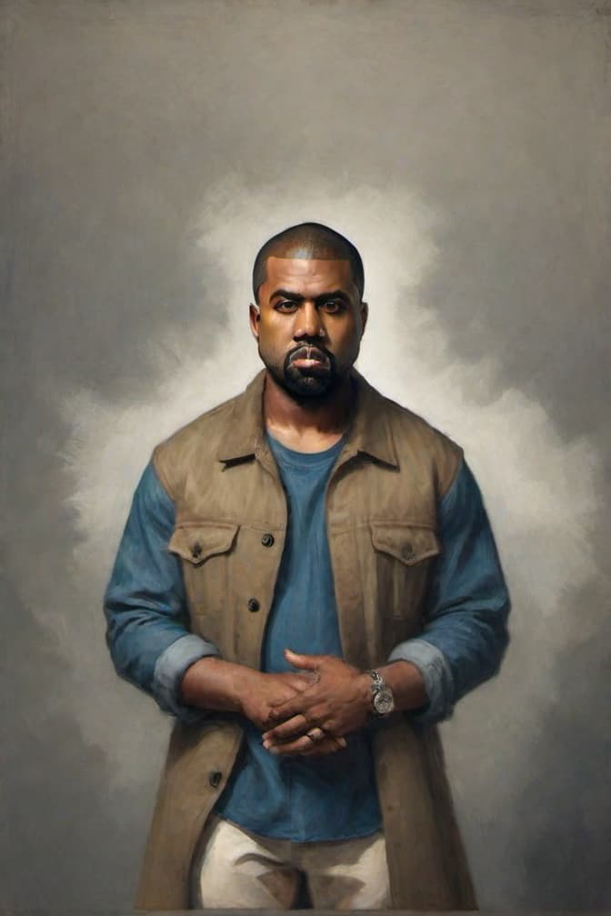  , A striking black and white portrait of Kanye West, captured in a dramatic pose. Kanye is shown with a confident, defiant expression, his piercing gaze directed straight at the camera. The background is minimalist, allowing the focus to be entirely on Kanye's striking features and commanding presence. The overall aesthetic is sleek and modern, reflecting Kanye's artistic sensibilities and larger than life persona. hyperrealistic, full body, detailed clothing, highly detailed, cinematic lighting, stunningly beautiful, intricate, sharp focus, f/1. 8, 85mm, (centered image composition), (professionally color graded), ((bright soft diffused light)), volumetric fog, trending on instagram, trending on tumblr, HDR 4K, 8K