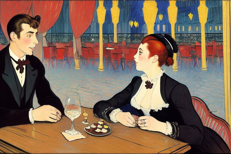  attractive young Parisian couple dressed in modern designer outfits who are romantically together in Paris. Foreground a small plate of fine dark chocolates on a small wooden table. Background dusk with a light of the inside the Moulin Rouge during a show. Painting style of Henri de Toulouse-Lautrec