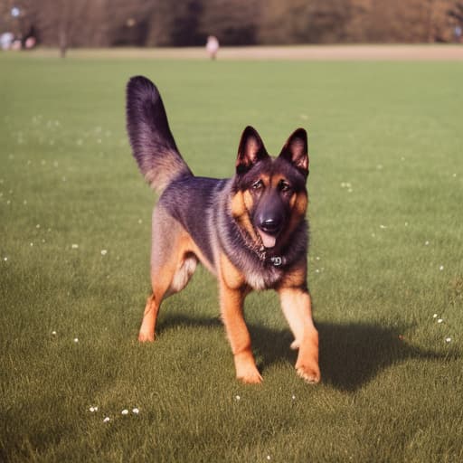 analog style German Shepard walking on the grass next to the river in the park
