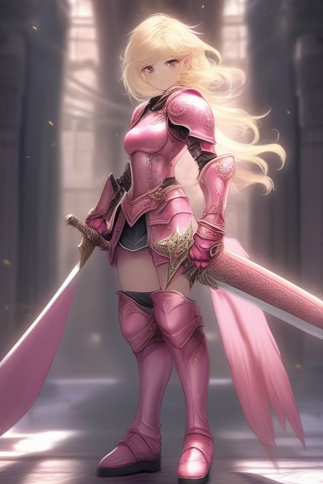  absurdres,highres,superlative,texture,contrast,top quality,masterpiece,(madeon) BREAK (solo,girl,warrior),kawaii,athlete,abs,blond,curly hair,(pink armor, armor, shoulder armor,gloves,winged helmet,tights,boots,),(the long sword,holding the long sword,grappling the sword in hand),(fighting stance,dynamic angle),(perfect hands,perfect clothes),((covering privates)),