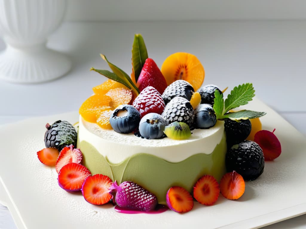  A closeup, ultradetailed image of a beautifully plated dessert on a white, minimalist plate. The dessert is a vibrant and colorful fruit salad arranged meticulously with a variety of exotic fruits like dragon fruit, kiwi, berries, and edible flowers. The presentation is elegant and sophisticated, showcasing the freshness and natural beauty of the ingredients. The focus is on the intricate details of each fruit piece, highlighting the textures and vibrant colors, creating a visually stunning and appetizing image perfect for a highend dessert menu. hyperrealistic, full body, detailed clothing, highly detailed, cinematic lighting, stunningly beautiful, intricate, sharp focus, f/1. 8, 85mm, (centered image composition), (professionally color graded), ((bright soft diffused light)), volumetric fog, trending on instagram, trending on tumblr, HDR 4K, 8K