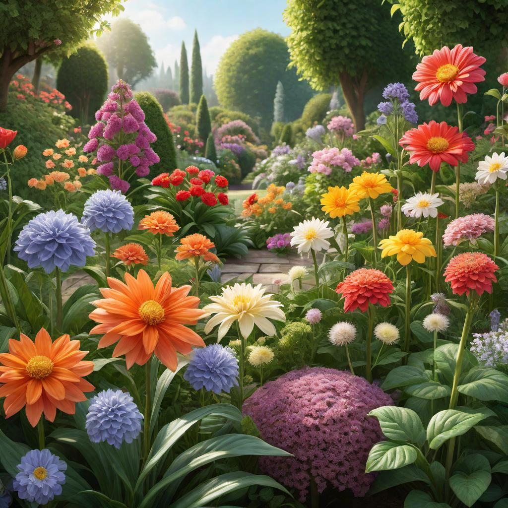  A friendly, cartoon-style illustration showing a variety of flowers in a garden to represent diversity and uniqueness. Each flower is different in size, shape, and color, symbolizing how every person is unique. There should be a bright and happy sun in the sky, shining down on the garden, giving a warm and positive feeling to the illustration. hyperrealistic, full body, detailed clothing, highly detailed, cinematic lighting, stunningly beautiful, intricate, sharp focus, f/1. 8, 85mm, (centered image composition), (professionally color graded), ((bright soft diffused light)), volumetric fog, trending on instagram, trending on tumblr, HDR 4K, 8K