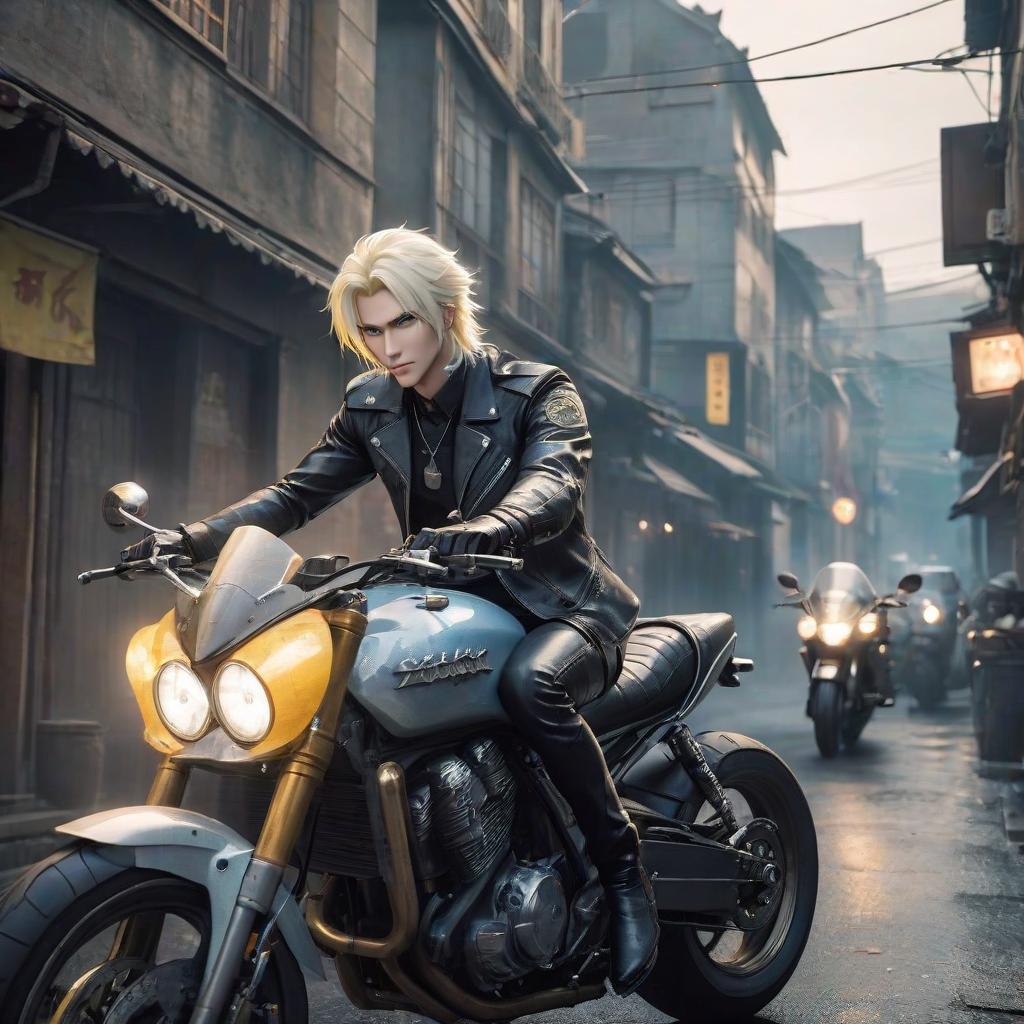  Anime guy mafia, on a motorcycle, blue eyes, yellow white hair, crocodile hyperrealistic, full body, detailed clothing, highly detailed, cinematic lighting, stunningly beautiful, intricate, sharp focus, f/1. 8, 85mm, (centered image composition), (professionally color graded), ((bright soft diffused light)), volumetric fog, trending on instagram, trending on tumblr, HDR 4K, 8K