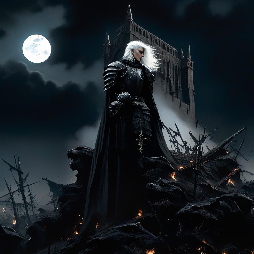  dystopian style Scene, close up, bird's eye view, a black Gothic tower with a balcony is standing in the upper right corner. On the balcony, a girl in a white dress, with white hair and bare feet. From the top left corner along a dark, charred black field rides a knight in black armor. Everything happens at night under a full moon. The frame should contain a knight in black armor. . bleak, post apocalyptic, somber, dramatic, highly detailed hyperrealistic, full body, detailed clothing, highly detailed, cinematic lighting, stunningly beautiful, intricate, sharp focus, f/1. 8, 85mm, (centered image composition), (professionally color graded), ((bright soft diffused light)), volumetric fog, trending on instagram, trending on tumblr, HDR 4K, 8K