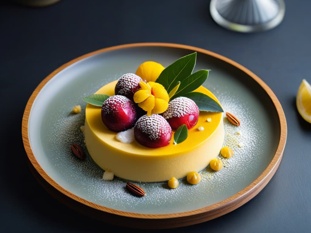  A closeup, ultradetailed image of a beautifully plated Australian dessert incorporating native bush tucker ingredients such as wattleseed, quandong, and lemon myrtle. The dessert is elegantly presented on a sleek, modern plate, showcasing vibrant colors and intricate textures. The focus is on the fine details of the dessert, highlighting the fusion of traditional Australian flavors with a contemporary twist. hyperrealistic, full body, detailed clothing, highly detailed, cinematic lighting, stunningly beautiful, intricate, sharp focus, f/1. 8, 85mm, (centered image composition), (professionally color graded), ((bright soft diffused light)), volumetric fog, trending on instagram, trending on tumblr, HDR 4K, 8K