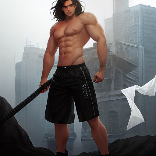  shirtless man, black hair tousled, green eyes, muscular body, black shorts hyperrealistic, full body, detailed clothing, highly detailed, cinematic lighting, stunningly beautiful, intricate, sharp focus, f/1. 8, 85mm, (centered image composition), (professionally color graded), ((bright soft diffused light)), volumetric fog, trending on instagram, trending on tumblr, HDR 4K, 8K