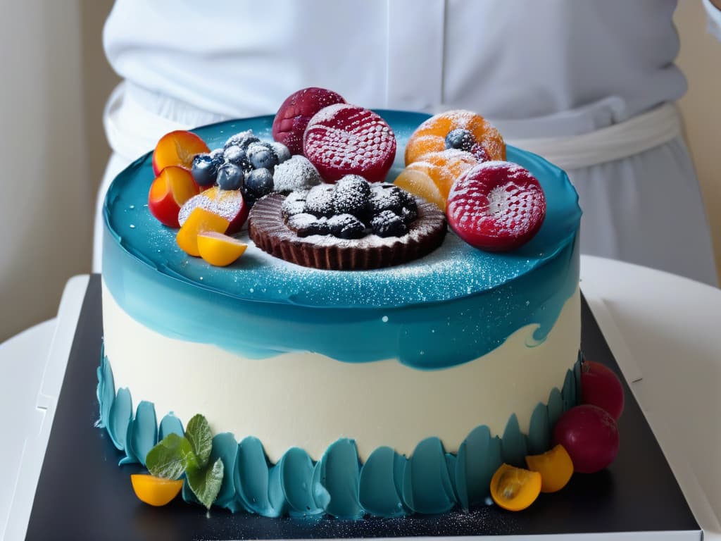  A closeup, ultradetailed image of a chef delicately piping intricate ARgenerated designs onto a beautifully decorated cake, showcasing the seamless integration of augmented reality technology in pastry artistry. The focus is on the precision of the chef's hands as they create stunning virtual elements that enhance the overall aesthetic of the dessert, highlighting the innovative use of AR in the culinary world. The color palette is elegant and muted, with soft lighting that accentuates the fine details of the augmented reality designs. hyperrealistic, full body, detailed clothing, highly detailed, cinematic lighting, stunningly beautiful, intricate, sharp focus, f/1. 8, 85mm, (centered image composition), (professionally color graded), ((bright soft diffused light)), volumetric fog, trending on instagram, trending on tumblr, HDR 4K, 8K