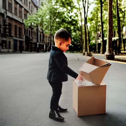  un niño con una caja hyperrealistic, full body, detailed clothing, highly detailed, cinematic lighting, stunningly beautiful, intricate, sharp focus, f/1. 8, 85mm, (centered image composition), (professionally color graded), ((bright soft diffused light)), volumetric fog, trending on instagram, trending on tumblr, HDR 4K, 8K