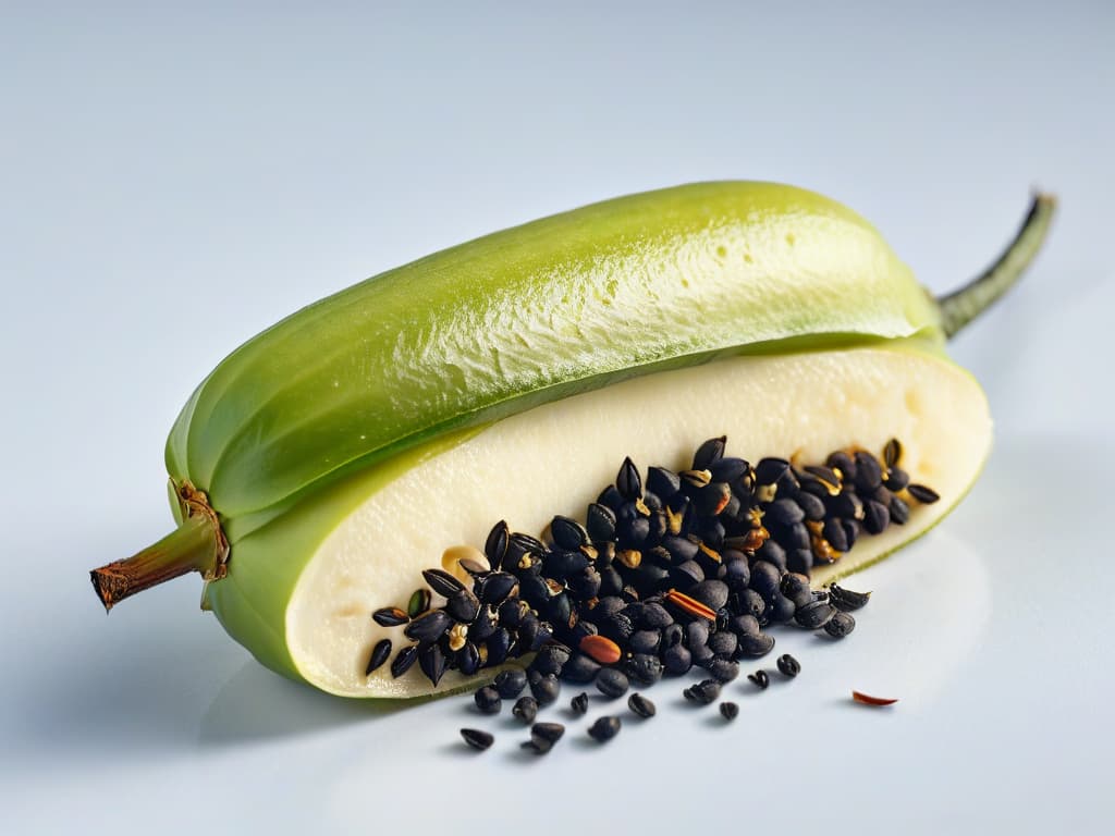  An ultradetailed closeup image of a vanilla bean pod split open, showcasing the tiny black seeds inside against the textured, aromatic vanilla bean. The image is so detailed that each tiny seed and speck of vanilla pod is clearly visible, highlighting the natural beauty and essence of this key ingredient in baking and pastry. hyperrealistic, full body, detailed clothing, highly detailed, cinematic lighting, stunningly beautiful, intricate, sharp focus, f/1. 8, 85mm, (centered image composition), (professionally color graded), ((bright soft diffused light)), volumetric fog, trending on instagram, trending on tumblr, HDR 4K, 8K