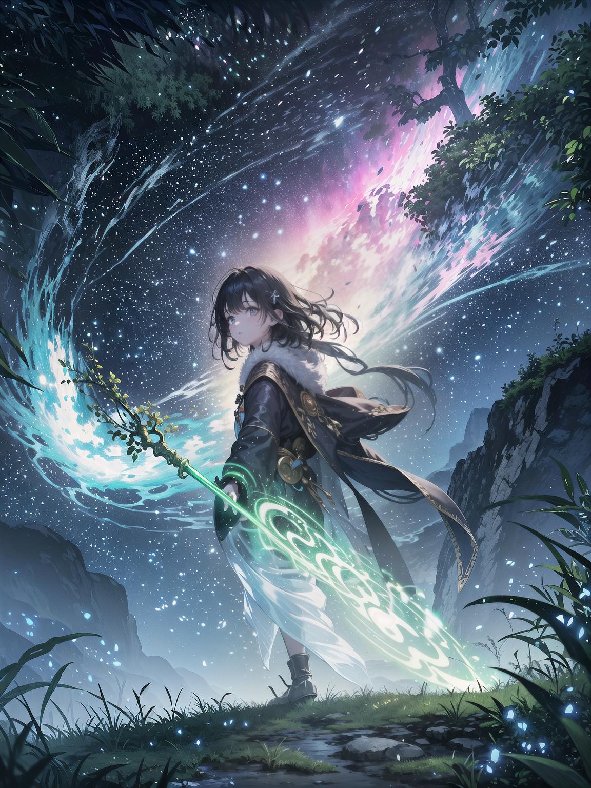  master piece, best quality, ultra detailed, highres, 4k.8k, Young girl with nature spirit, Exploring with nature spirit, harmonizing with nature, Determined, connected to nature, BREAK Girl with Nature Spirit, Enchanted forest clearing, Mystical staff, glowing crystals, lush flora, magical animals, BREAK Serene, mystical, vibrant with life, Subtle ethereal glow, nature energy swirling around, starry,strry light,night,colorful,cloud