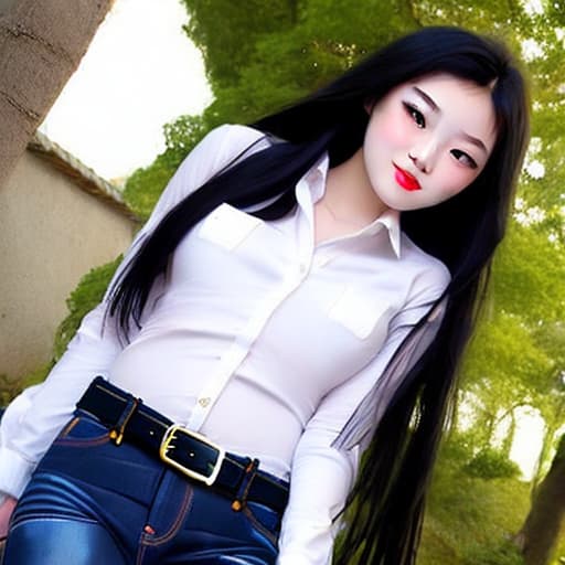  oriental girl long black hair she in dark deep blue flare jeans, best classic jeans with belt and classic white shirt nature flirt love whith girl and men take off jeans