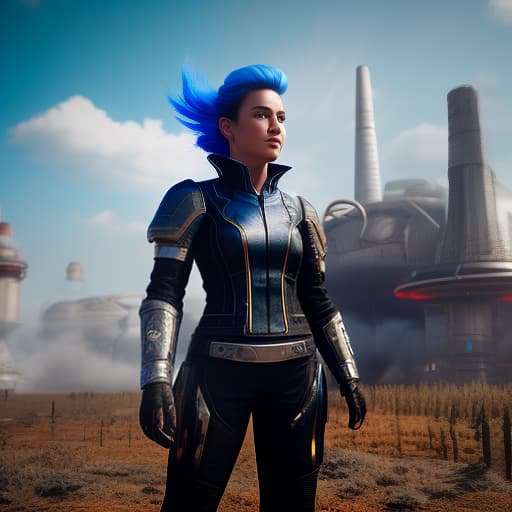  scifi style, futuristic, A blue haired woman wearing biker leathers battles a dragon with a sword in each hand, with a burnt-out farm in the background., 8k resoultion, hyper realstic, rally, scifi style, dynamic lighting, atmosphere lighting, hyper detail features, ray tracing, 3D, cinematic lighting, dark shadows, unrealistic Engine 5 rendering, hyper detail, trending on artstation, 4k, extremely high details, ultra hd, hdr, extremely high details