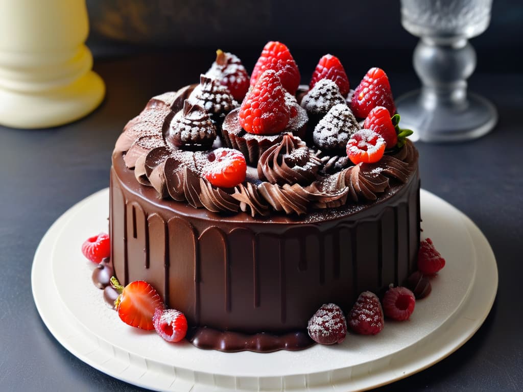  A closeup, ultradetailed image of a decadent dairyfree chocolate cake topped with glossy ganache and fresh raspberries. The cake is perfectly sliced, showcasing its rich, moist texture and intricate layers, while the vibrant red berries pop against the dark chocolate backdrop. The ganache glistens under a soft light, highlighting its smooth, luxurious finish. Each crumb and raspberry seed is sharply defined, inviting the viewer to savor the intense flavors of this dairyfree dessert masterpiece. hyperrealistic, full body, detailed clothing, highly detailed, cinematic lighting, stunningly beautiful, intricate, sharp focus, f/1. 8, 85mm, (centered image composition), (professionally color graded), ((bright soft diffused light)), volumetric fog, trending on instagram, trending on tumblr, HDR 4K, 8K