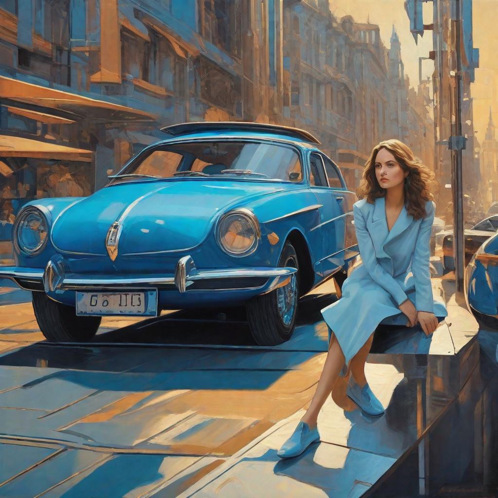  masterpiece, best quality, A young woman in front of a beautiful blue car in a futuristic city